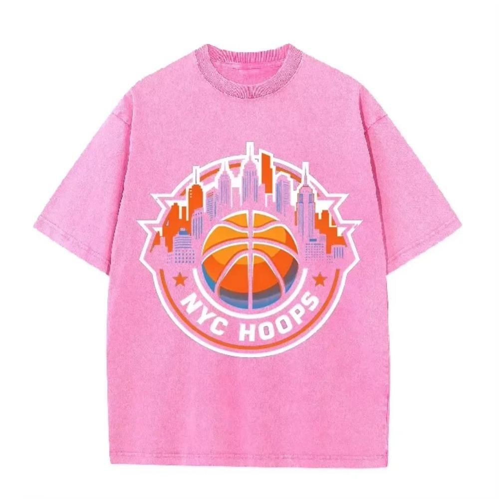 Vintage Washed Green Tshirt NYC Hoops New York Basketball Skyline Print Loose Short Sleeve Sports Casual