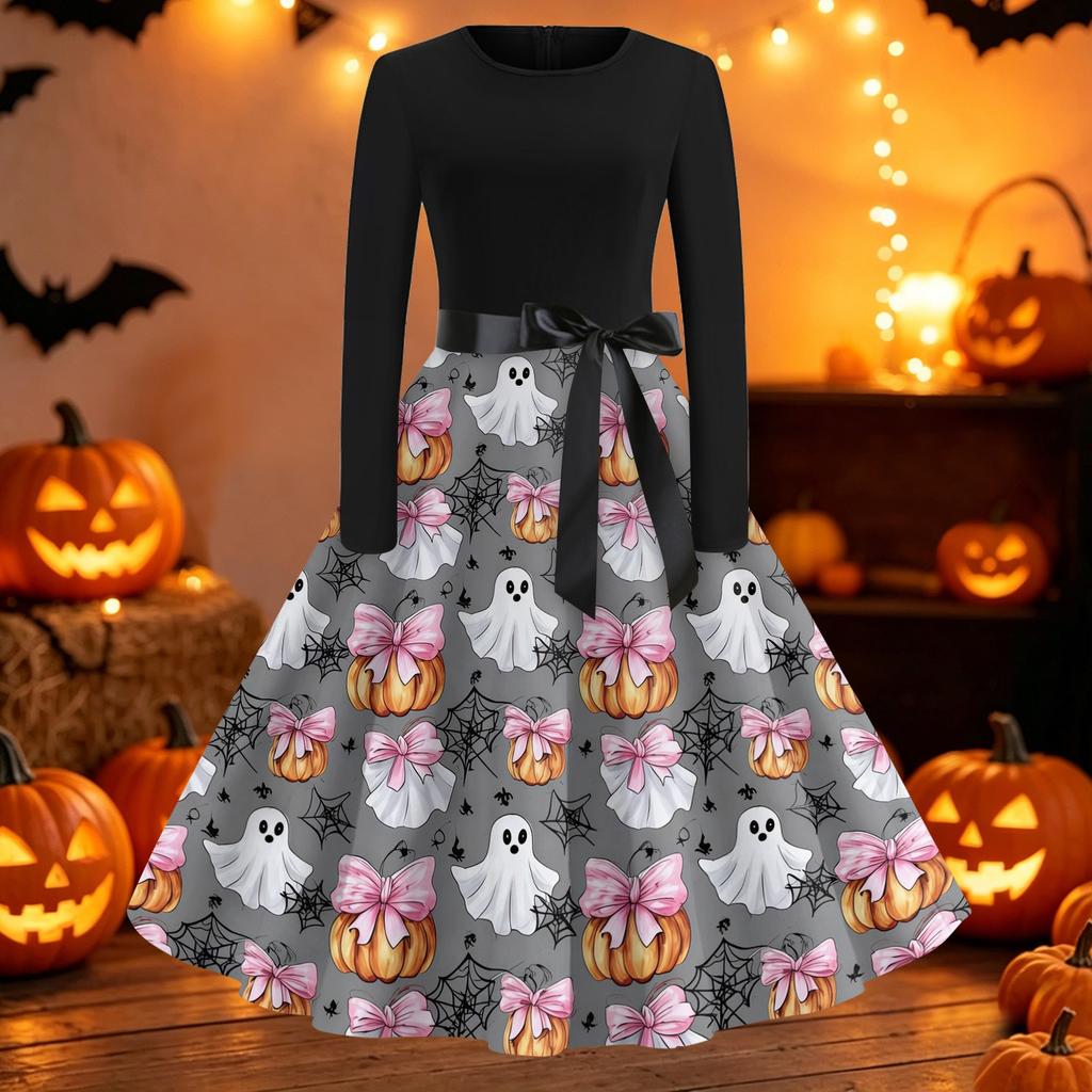 Women's Vintage Halloween Print Round Neck Casual Dress for Everyday Wear