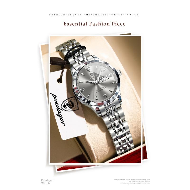 POEDAGAR Original Watch for Woman Waterproof Luminous Date Week Ladies Watch Stainless Steel Quartz Watches Female