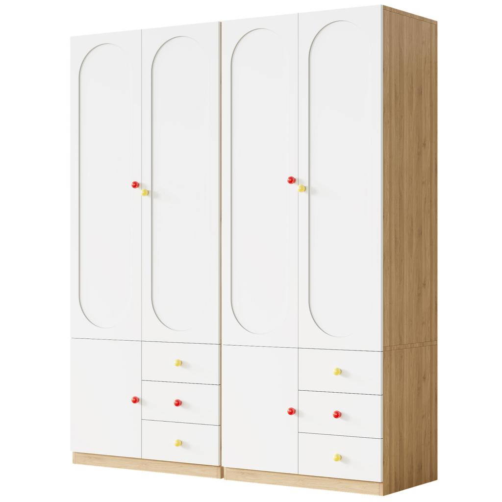 2-Door Wardrobe with Drawers, Bedroom Cabinet, Children's Room Furniture, with Clothes Rail, Colorful Ceramic Handles, White, Lacquer Finish, Set of 2