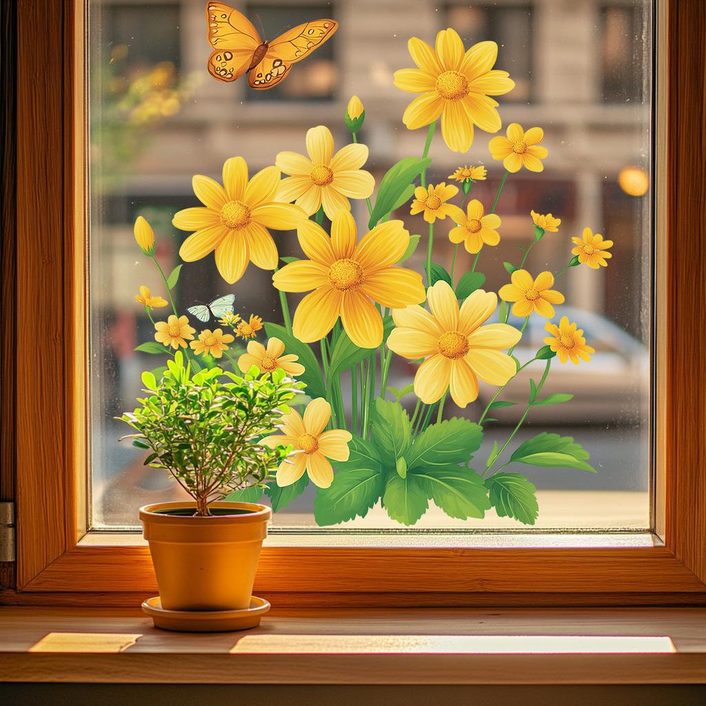 Helt transparenta handmålade gula prästkrage fjäril fönsterdekaler för vardagsrum balkong glasdekoration