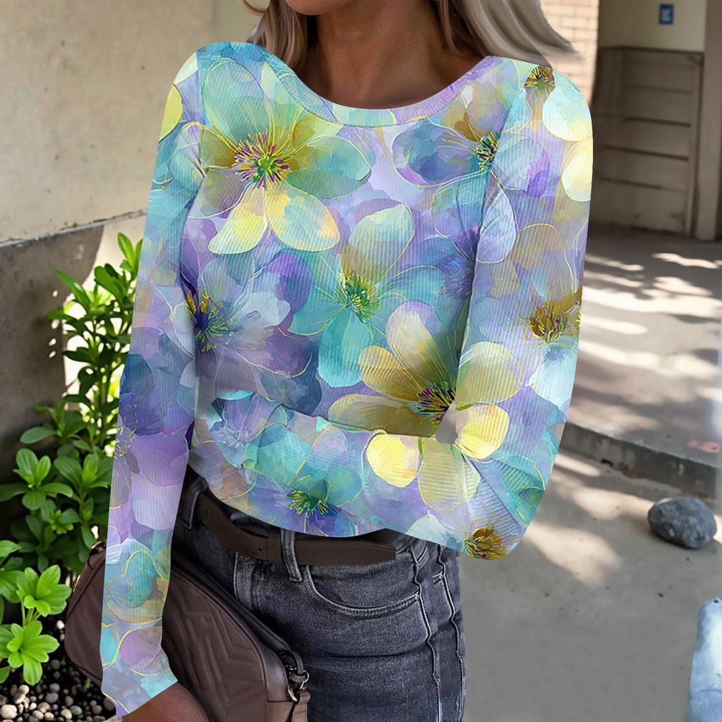 Women’s Casual Long Sleeve Ribbed Crew Neck Top with Floral Print Pullover Lightweight Stretchy Knitwear for Daily Wear