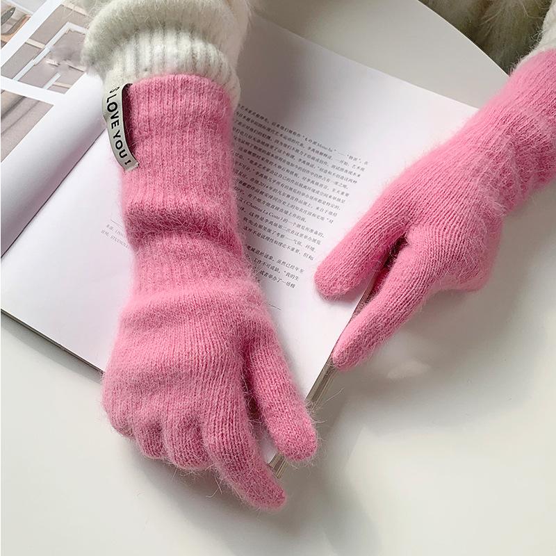 Dopamine dew finger gloves women's warm and cold-proof long winter solid color blended knitted five fingers