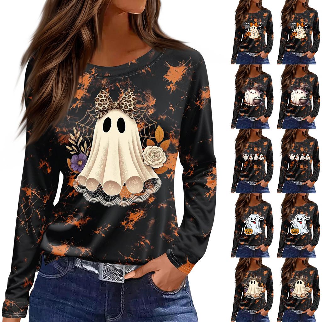 Women's Halloween Print Long Sleeve Top with Side Slits