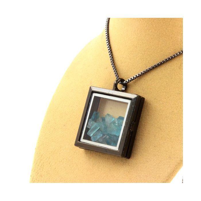 Stones and Minerals. Raw Paraiba Apatite Necklace. Square Model. Color Black.