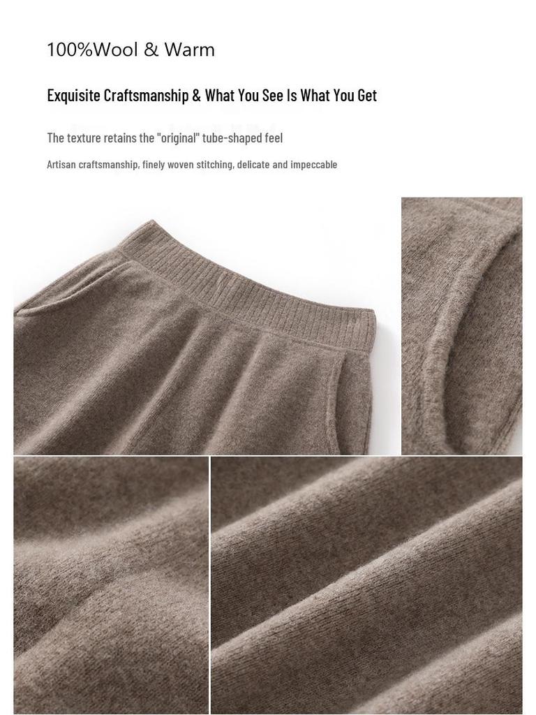 Women's 100% Wool Knit Wide-Leg High-Waist Floor-Length Pants for Autumn/Winter Casual Wear