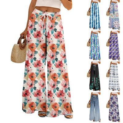Damskie letnie spodnie boho palazzo z wysokim stanem i szerokimi nogawkami, z nadrukiem, swobodne spodnie z kieszeniami