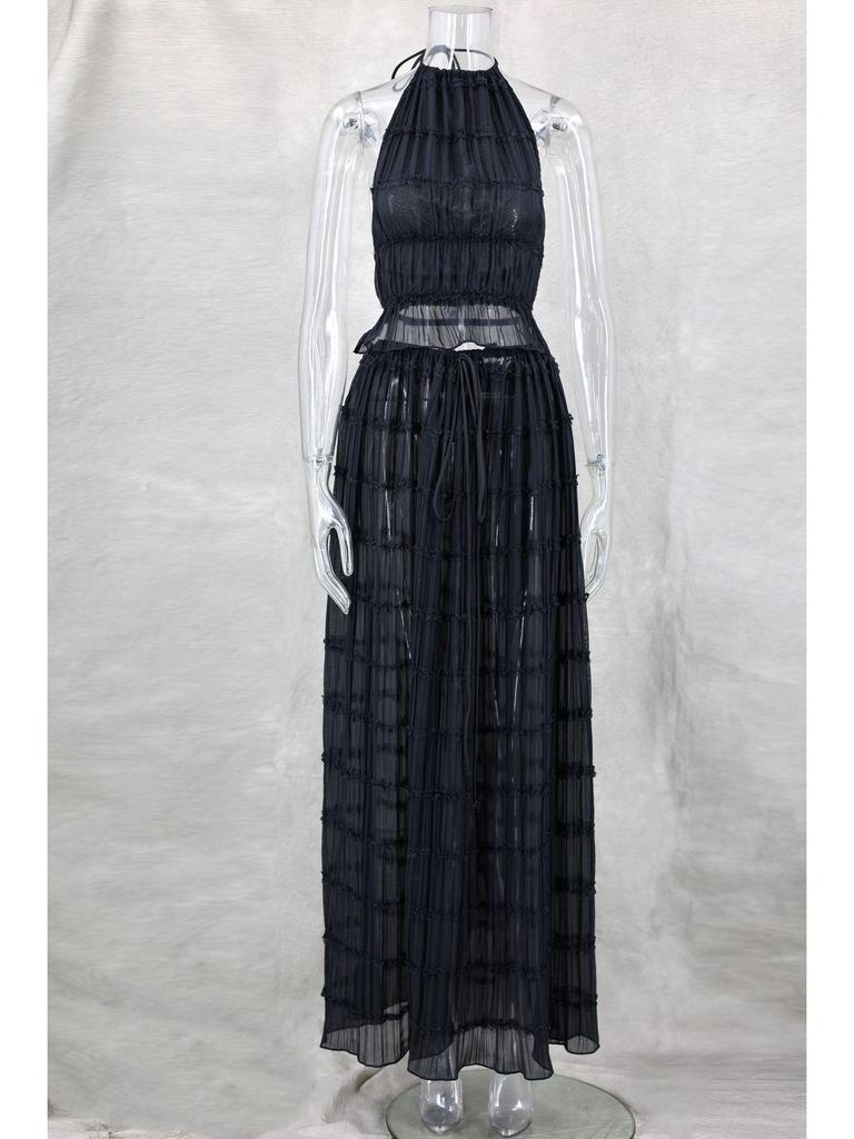 2024 Spring/Summer European & American Fashion Backless Halter Lace Ruffle Maxi Dress Set