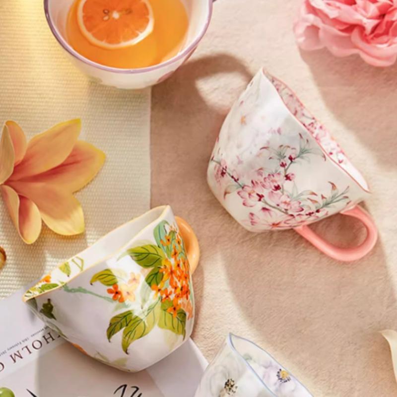 Ceramic Coffee Mug, Premium 350ml Bone China Coffee Tea Hug Mug, Floral Designed Teacup, Breakfast Cup