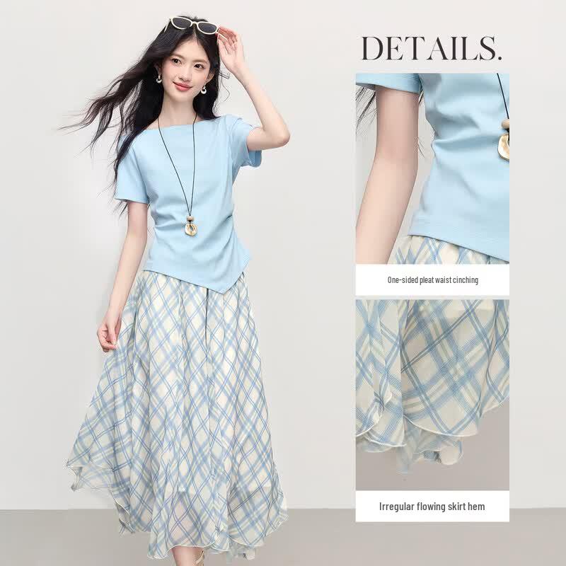 Women's French Style Summer T-shirt & Plaid Skirt Set