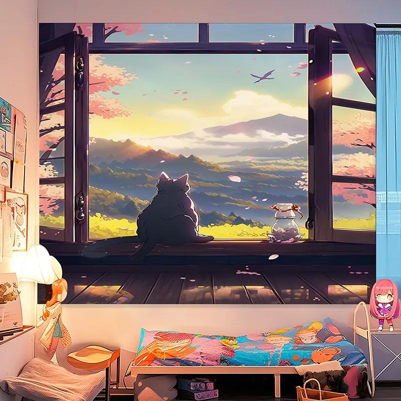 Charming Anime Window View Tapestry Scenic Landscape Design Ideal for Bedroom or Living Room DecorLarge Wall Hanging Artwork