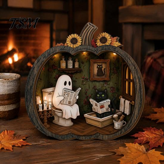 Wooden Desktop Shelf Accessory Halloween Ghost Tabletop Ornament, 2D Flat Cute Reading Bathing Fall Harvest Home Decoration Watering Plaque with Stand