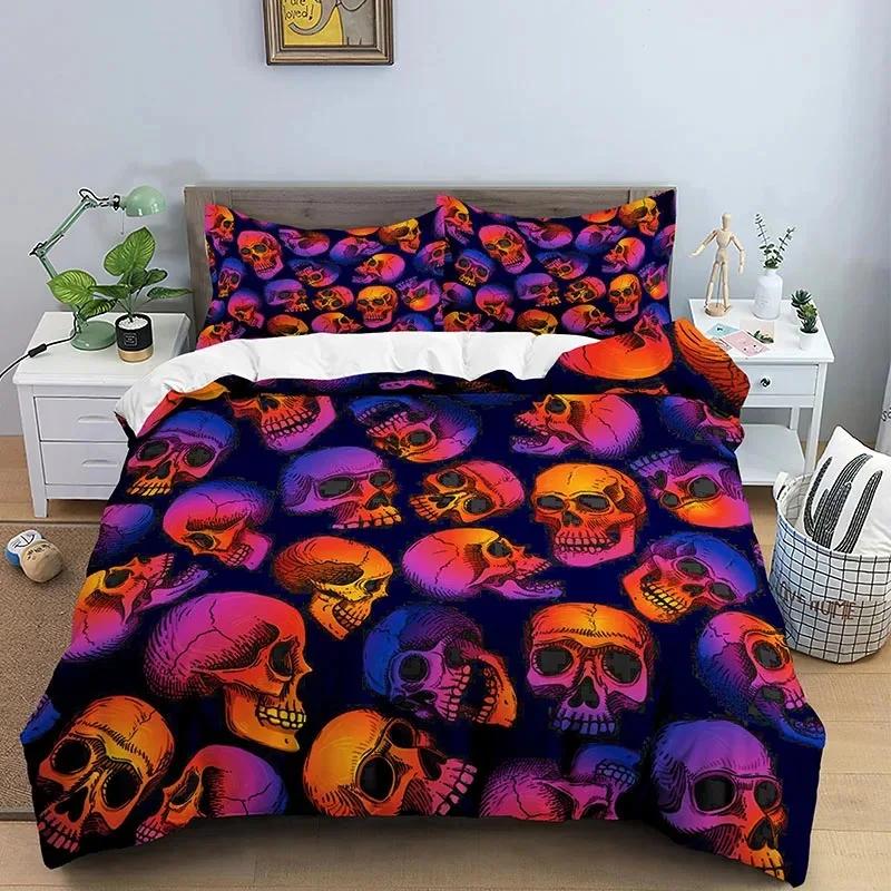 Skull Halloween Bats Bedding Set Boys Girls Twin Queen Size Duvet Cover Pillowcase Bed Kids Adult Home Textileextile