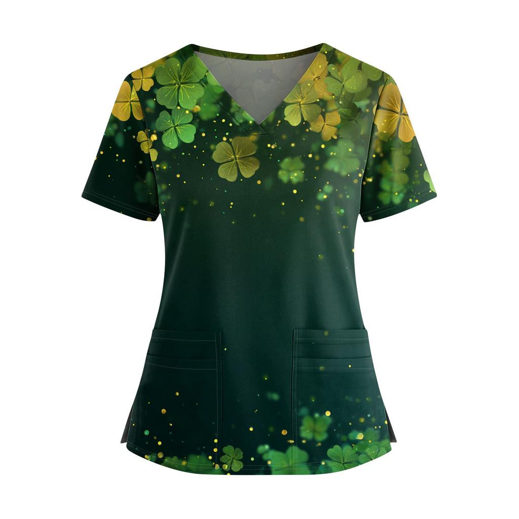 Frauen St. St. Patrick's Day Druck V-Ausschnitt Doppeltasche Kurzarm Uniform Oberteil mit geschlitztem Saum