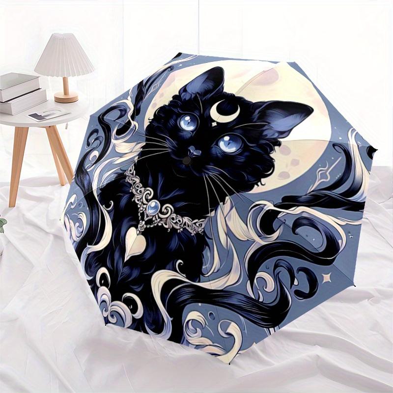 1pc Moonlight Black Cat Fully Automatic Folding Portable Umbrella, 8 Iron Frames, Three-Fold Design, Suitable for All Seasons, Suitable for