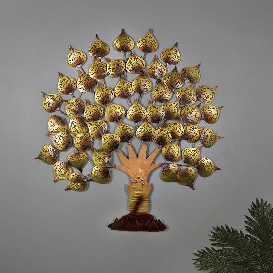 Metalen handgemaakte gouden boom muur hangende kunst decor accent sculptuur met Boeddha zittende boom