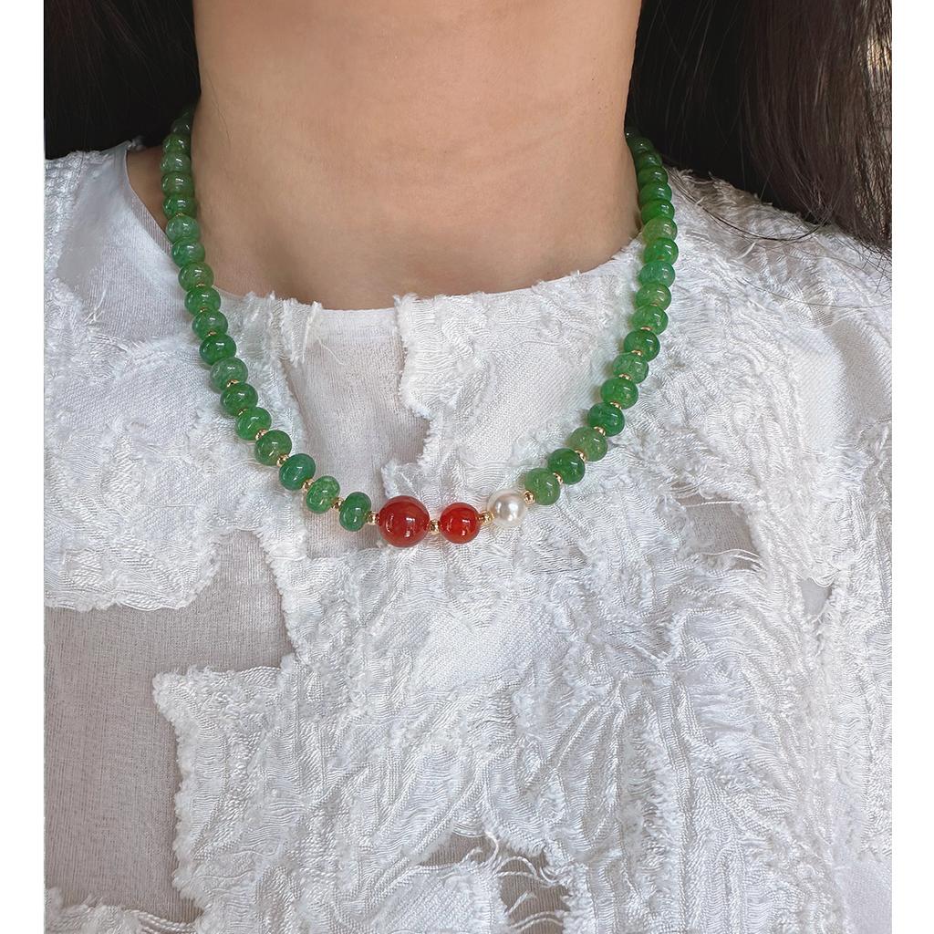 Ανατολίτικη Γοητεία Πράσινη Φυσική Πέτρα με Χάντρες Νέο Κινέζικο Κολιέ Ρετρό Αχάτης Μαργαριτάρι Βραχιόλι Σετ Σκουλαρίκια 556