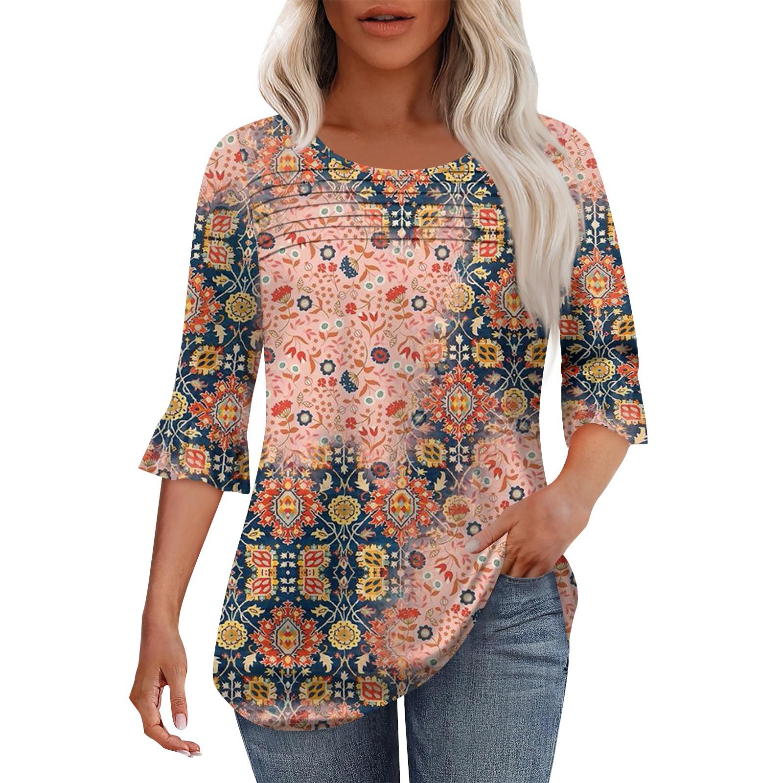 

Женская мода круглый вырез шея плиссированный спереди напечатанные точки расклешенный топ рукав 3/4 XXL розовый