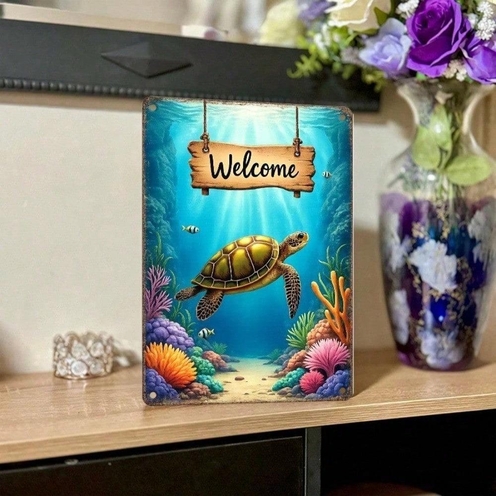 1pc Vintage Metal Tin Sign, Underwater Turtle Welcome 2D Flat Retro Wall Decor, 12x8 Inch Durable Iron Plaque, Easy-to-Hang Ornament