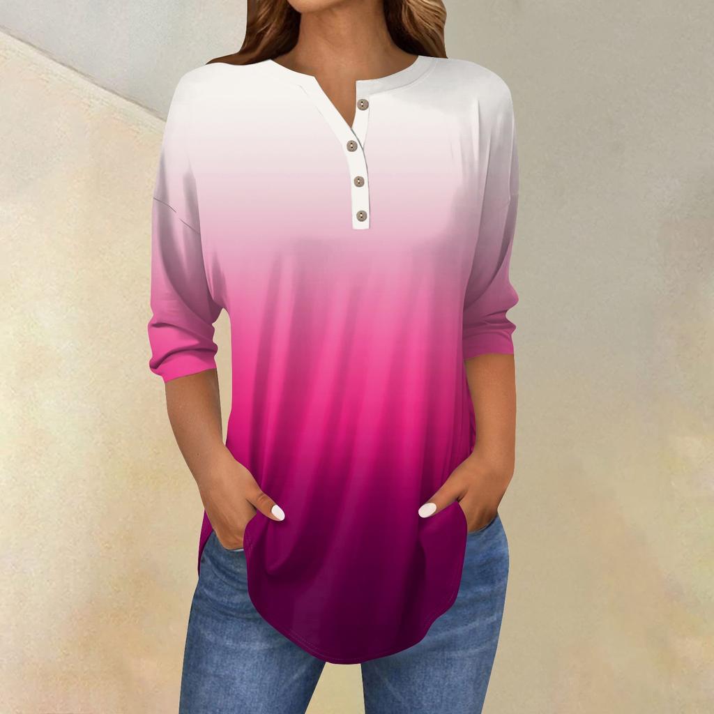 Tee Shirts For Women Fall Casual 3/4 Long Sleeve Button Shirts Sweatshirt Vintage  Top Pullover