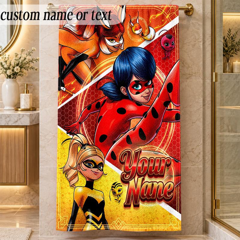 Beach TowelMiraculous Ladybug Custom Name Text Personalized Soft Towel for Beach Pool Indoor Home Decor Gift