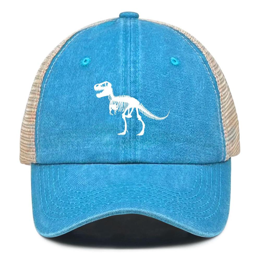 Pure White Dinosaur Print Snapback Trucker Hat, Animal Man's Cap Vintage Solid Color Non-Stretch Fabric Headwear Adjustable Baseball Cap