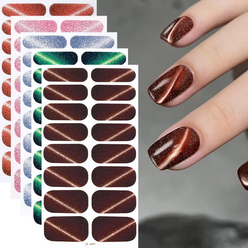 New Glitter Cat Eye Nail Polish Film Nail Stickers, 16-Neck Glitter Diagonal Cat Eye Waterproof Nail Art Stickers