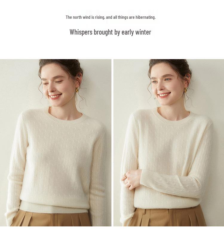 Women's Autumn/Winter Cable Knit Cashmere Sweater, Twelve Gauge, Small Round Neck, Slimming Loose Fit, Long Sleeve Base Layer