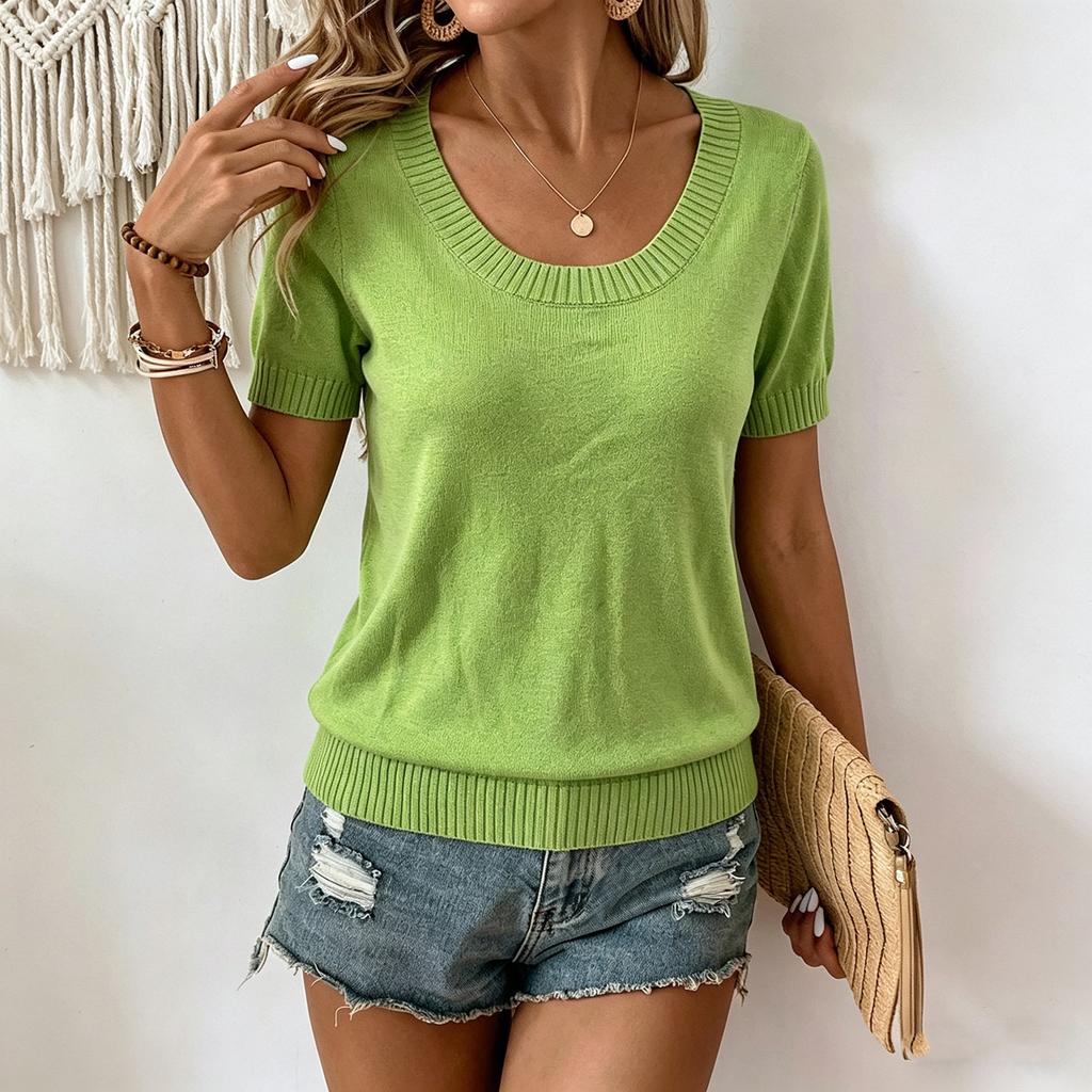Women’s Knit Short Sleeve Top Lightweight Loose Fit Casual Crew Neck Pullover Soft Summer Shirt Blouse