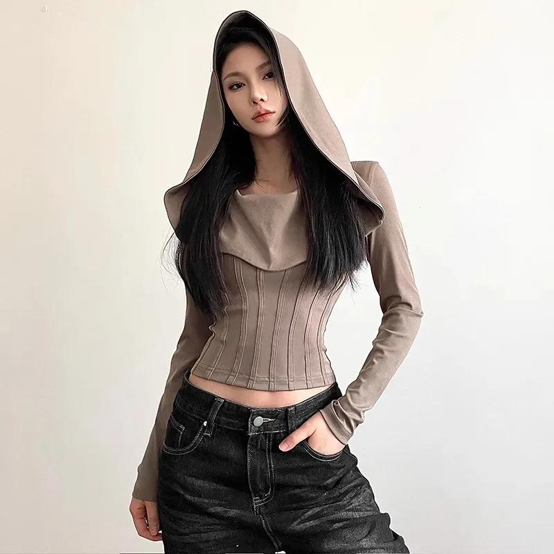 

Women s Beige Hooded Slim Fit Long Sleeve Ribbed Crop Top S хакі
