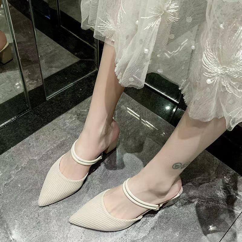Pointed head bag head medium heel thick heel cool slippers half drag sandals women's summer 20 new cloth outer wear