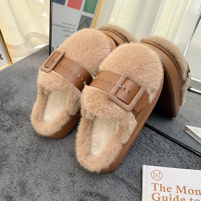 Fashion 2025 Autumn Winter Fashion Buckle Strap Slippers Home Cotton Shoes Women Indoor Fluffy Plush Warm Platform House Slippers