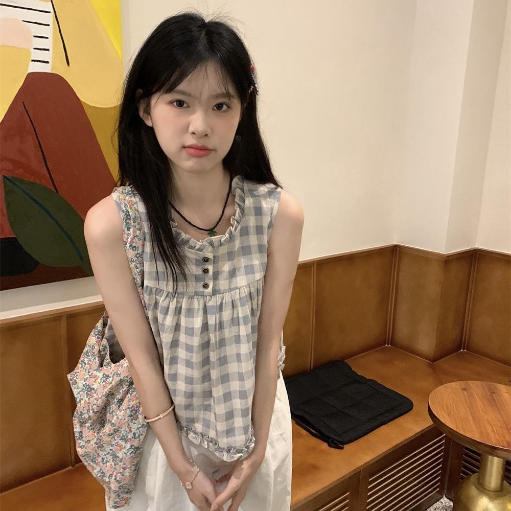 Korean fungus edge plaid sleeveless shirt women's summer new sweet wind loose casual age-reducing design top