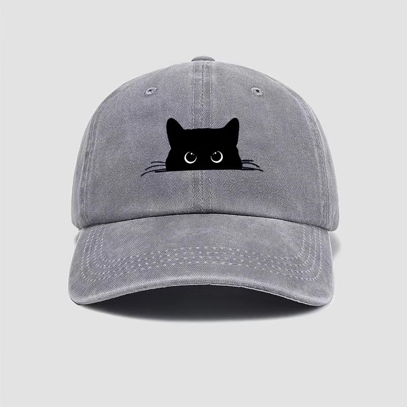 1 adet, Sevimli Kedi Baskılı Yıkanmış Beyzbol Şapkası, Modaya Uygun Dört Mevsim Dış Mekan Yürüyüş Parti Şapkası, Tokalı Hafif Polyester