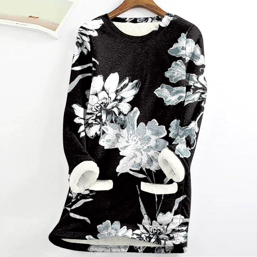 Women's Round Neck Top Printing Thickened Plush Cashmere Warm Long Top