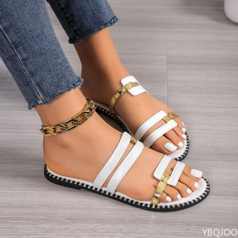 European and American Plus Size Women's Slippers Summer New Trend Cross Flat Beach Slippers Color Blocking Design Daily Shoes