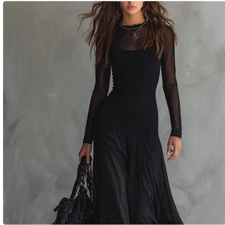 Европейская женская мода 2026: Элегантное длинное платье с сетчатыми вставками L чёрный