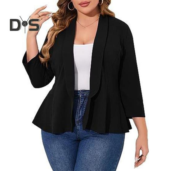 Plus Size Women Suit Coat Lapel Long Sleeve Ruffle Hem Open Front Suit Jacket Solid Color Versatile Business Outerwear