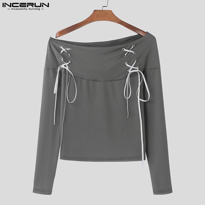 INCERUN Men Off Shoulder Bandage Lace Up Fitted Long Sleeve Crop Tops