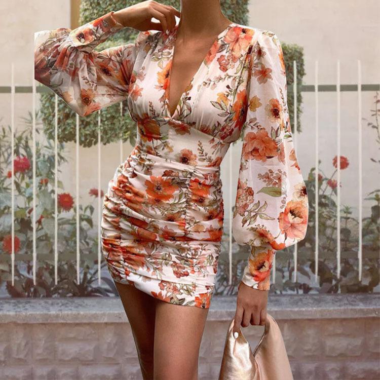 Puff Lantern Sleeve Plunge Floral Print 