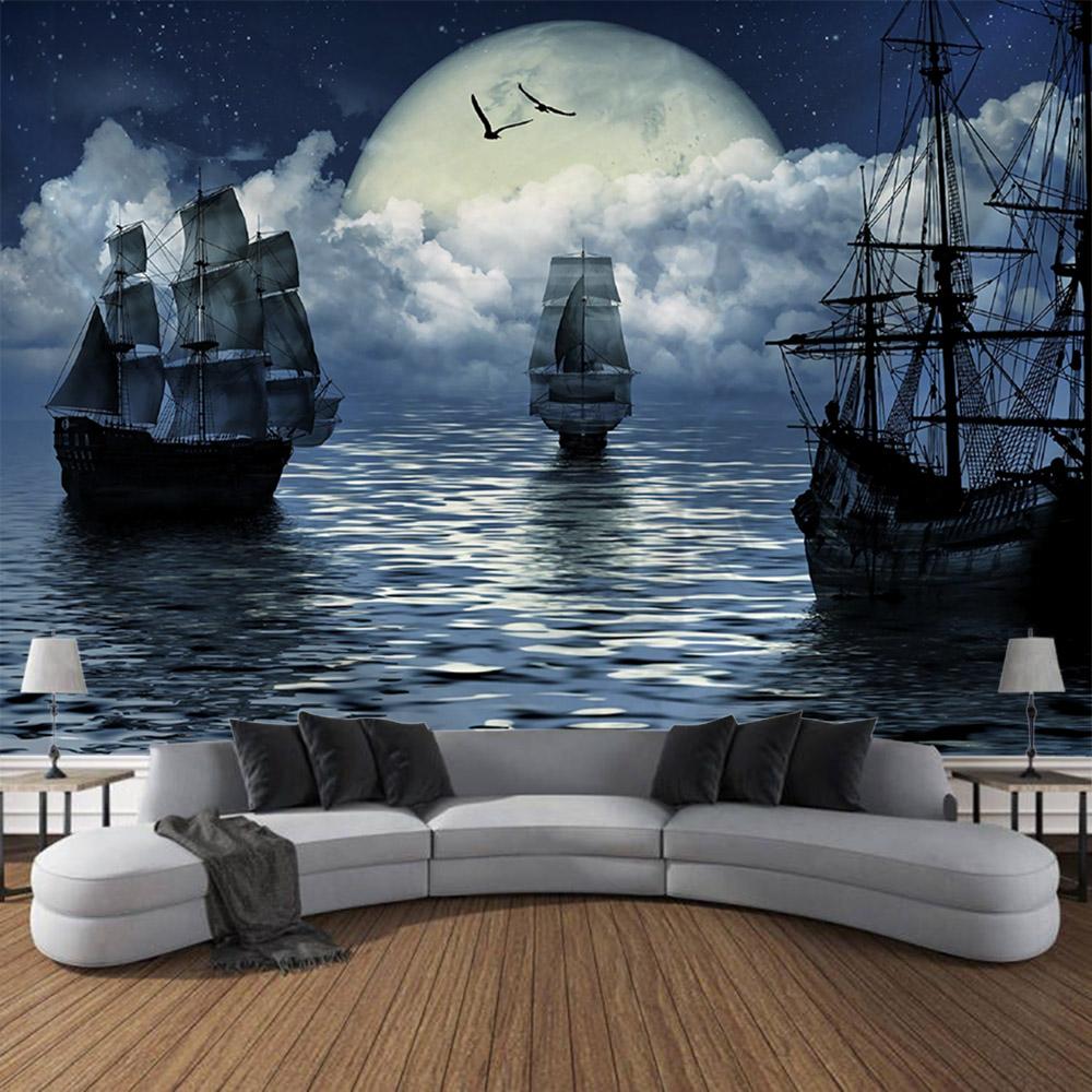Navigation Landschaft Wandteppich Retro Piratenschiff Kunst Wandbehang Fantasy Bohmische Ästhetik Dekoration Raum Kunst Wanddekoration
