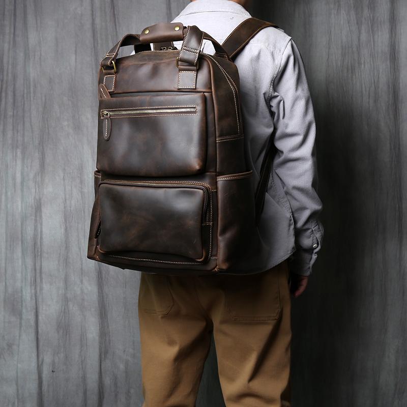 Retro Leather Men's Backpack Top Layer Leather Large Capacity Computer Backpack Crazy Horse Leather Leisure Travel  Men Bag NZPJ