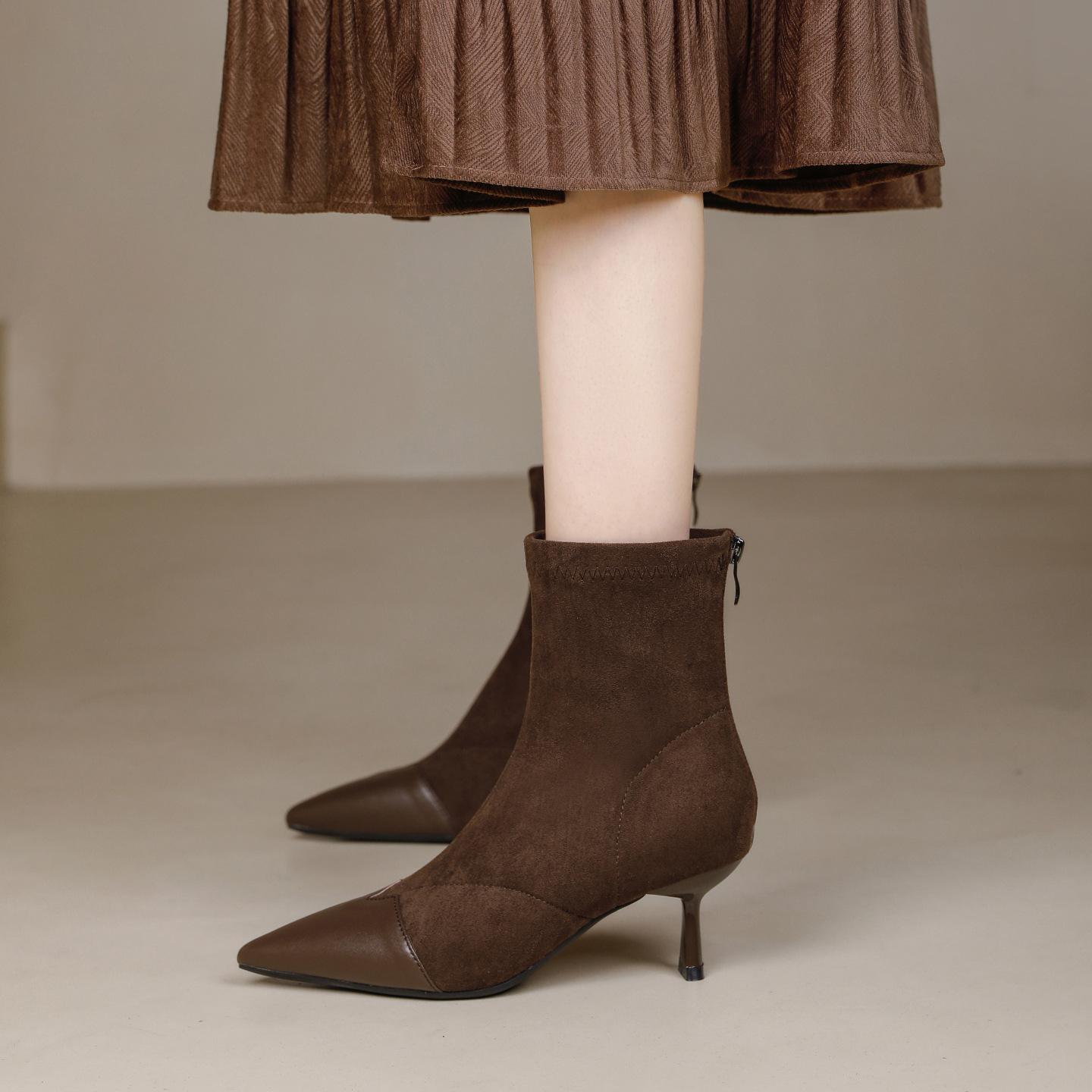 

Индивидуальные женские ботинки~ Короткие ботинки на высоком каблуке Тонкий каблук 2025 Новые Остроносые Челси Женские ботинки Французские Ботильоны Женские ботинки 39 темно-коричневого