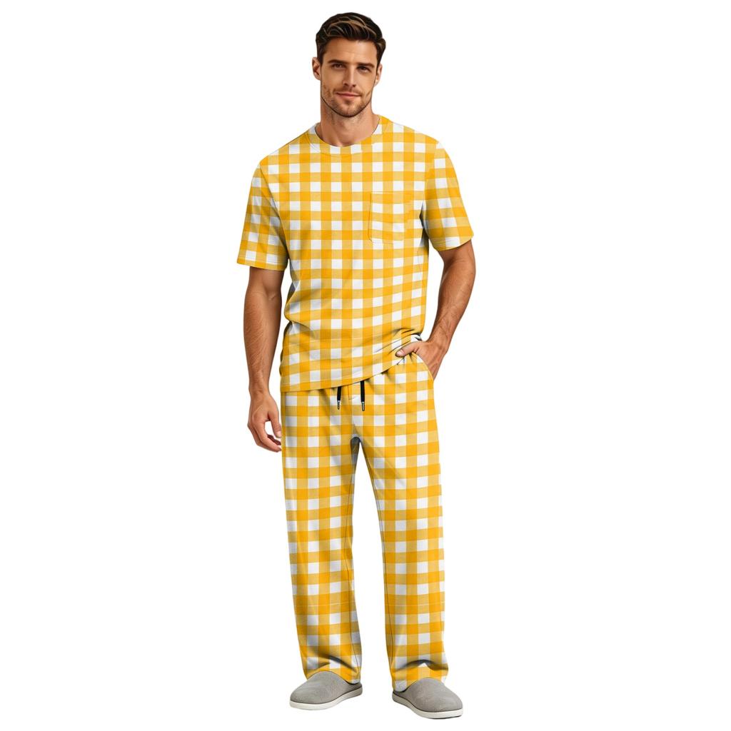 Men's Short Sleeve Pajama Set with Button Fly and Elastic Drawstring Waist for Home Loungewear