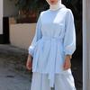 Dames Getailleerde Top met Pofmouwen in Effen Kleur en Wijde Broek 2-delige Bescheiden Outfit Set