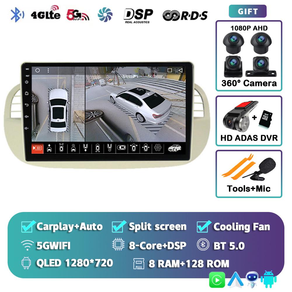 Android 14 Carplay Car Radio For Fiat 500 Multimedia Video Player Navigation GPS Stereo AI Voice Head Unit 360 Camera 4G+Wifi BT