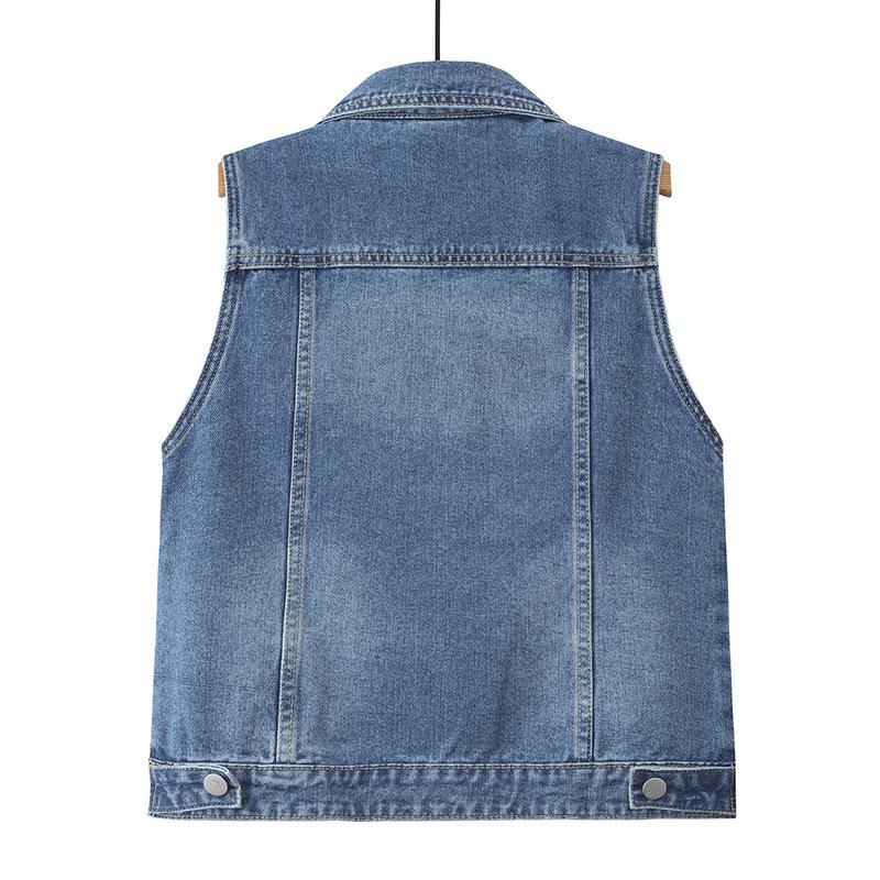 Women Denim Waistcoat Coat Top Crop Jean Vest Beading Pearl Sleeveless