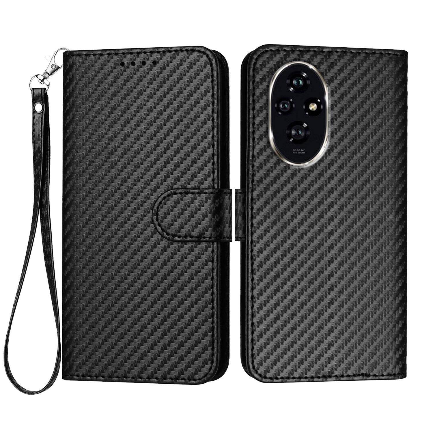 

For Honor 200 5G Wallet Case with Strap Carbon Fiber Texture Leather Mobile Cover A