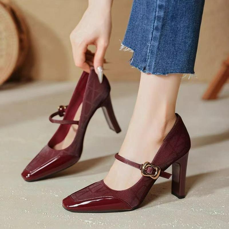 Fashion Women's Fashion Thick Heel Shoes Spring New Square Head Shallow Mouth Splicing Metal One-line Buckle Non-slip High Heels