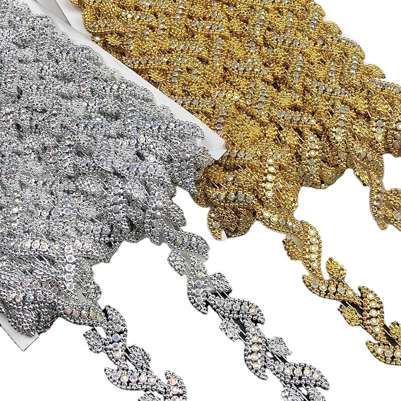 Costume Decorative Silver Gold Plated Trimming Leaf Acrylic Rhinestones Chain Lace Ribbon Dress Upholstery Sewing Textile Trims